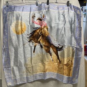 Cowgirl 100% silk scarf Teal Blake bucking bronco art 34 1/2” square new w/o tag
